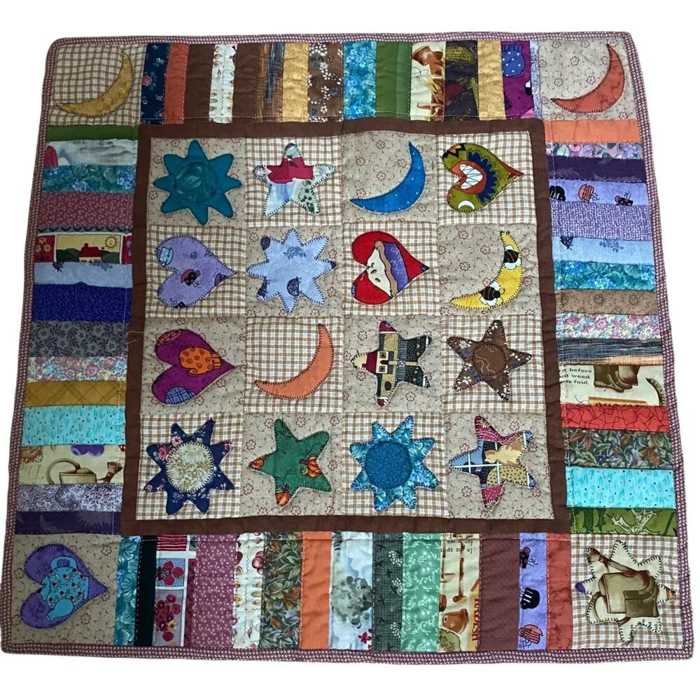 Handmade Patchwork Quilt Blanket Applique Moon Star Heart Multicolor Stripes Vtg